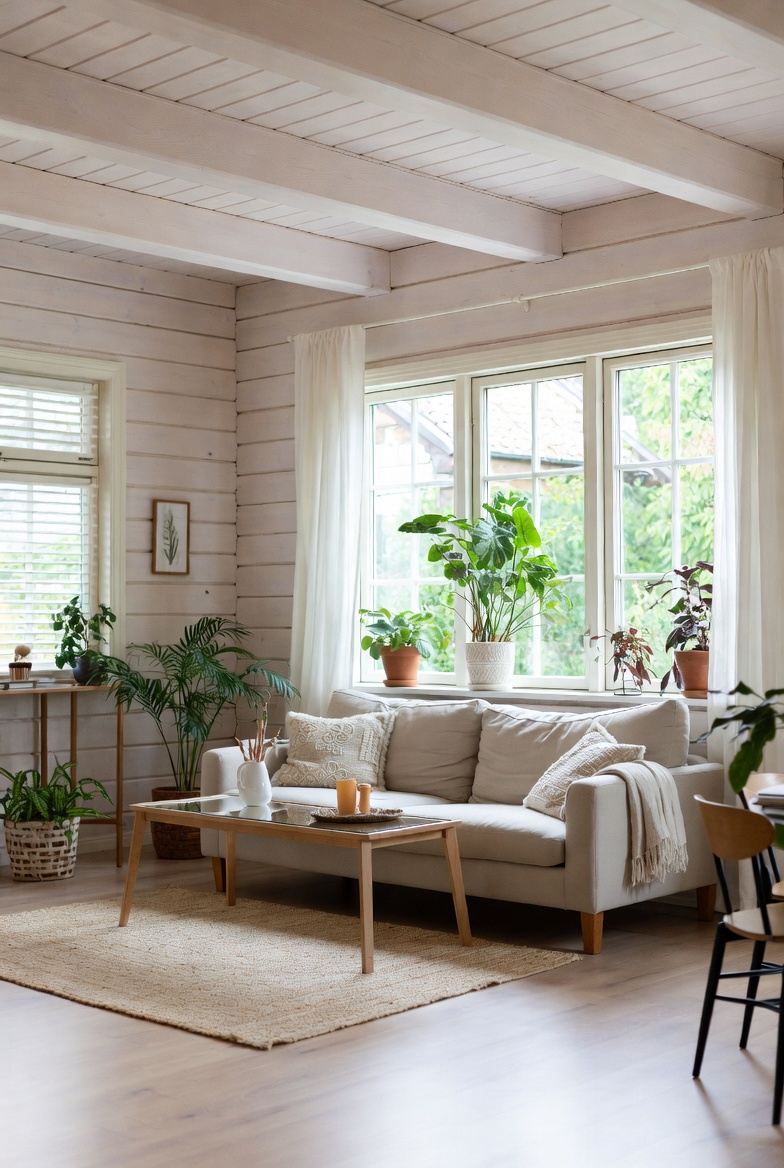 Bedroom with soft green plants beside pale wood furniture