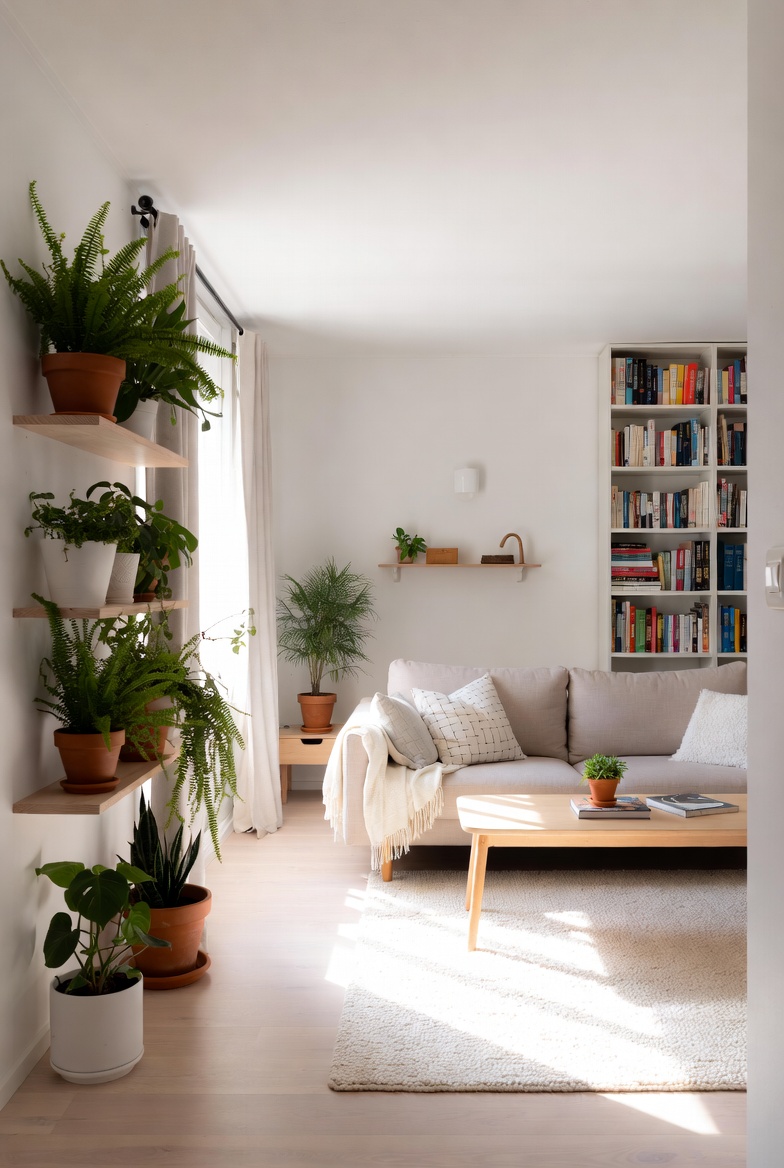 Close up of matte ceramic planter with soft green foliage