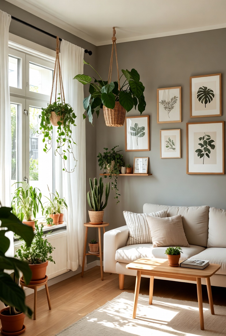 Console table with low profile plants and natural fibre basket