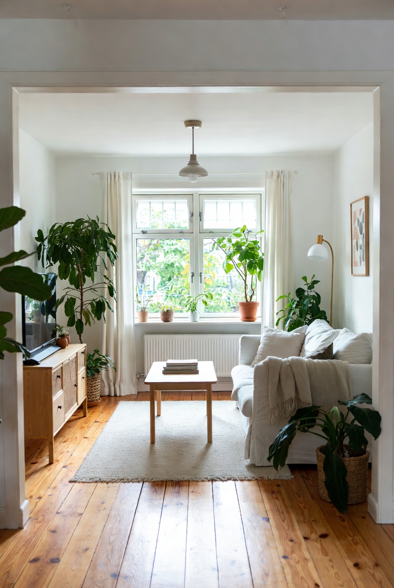 Hallway entrance with low profile plant arrangement and natural fibre storage
