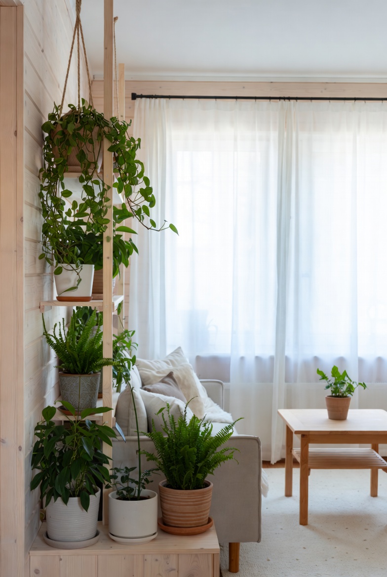 Kitchen windowsill with small herb plants in matte ceramic pots