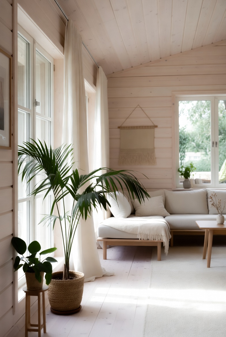 Sofa area with balanced plant arrangement emphasising soft sightlines