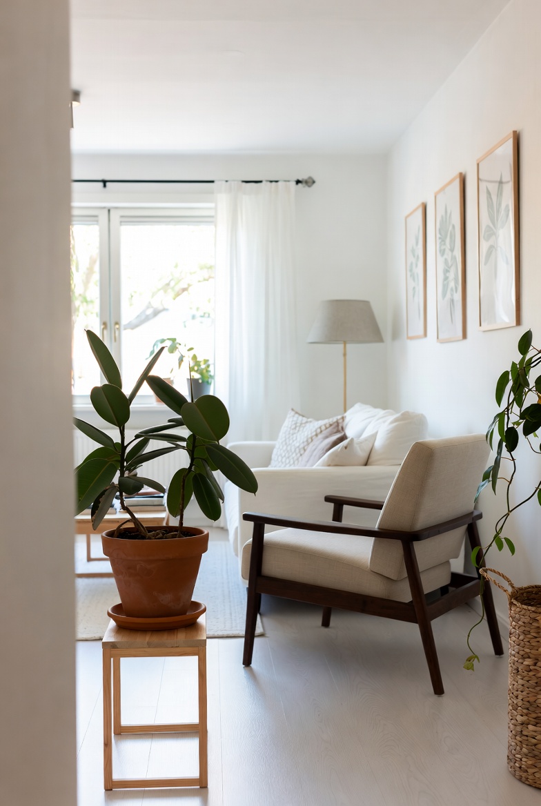 Minimal windowsill arrangement with three slender plants in pale ceramic pots